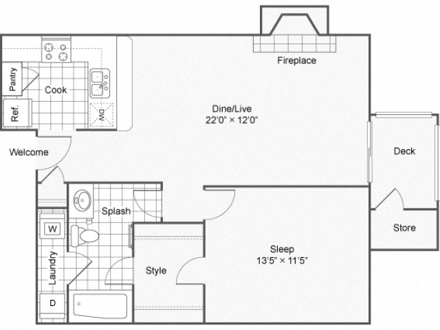 Floor plan for 1 bed, 1 bath, 720 sqft